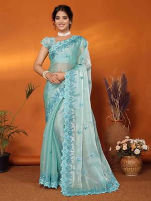 sky blue organza silk blend embroidered work saree with unstitched blouse piece 1