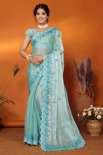 sky blue organza silk blend embroidered work saree with unstitched blouse piece
