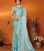 sky blue organza silk blend embroidered work saree with unstitched blouse piece
