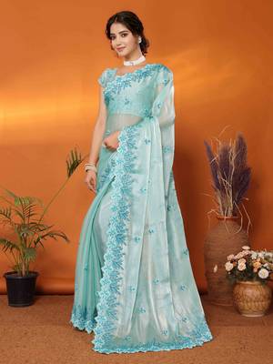 sky blue organza silk blend embroidered work saree with unstitched blouse piece 2