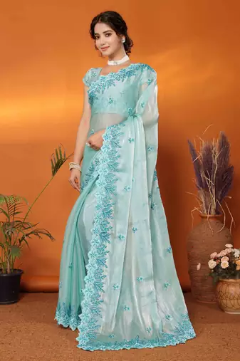 sky blue organza silk blend embroidered work saree with unstitched blouse piece