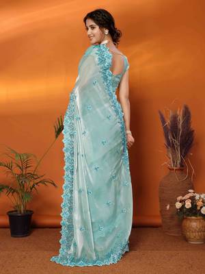 sky blue organza silk blend embroidered work saree with unstitched blouse piece 3