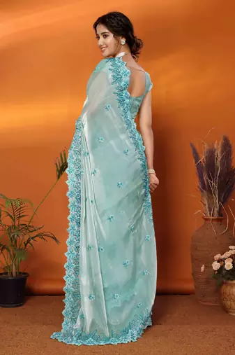 sky blue organza silk blend embroidered work saree with unstitched blouse piece