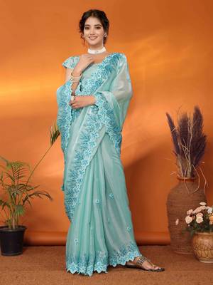 sky blue organza silk blend embroidered work saree with unstitched blouse piece 4