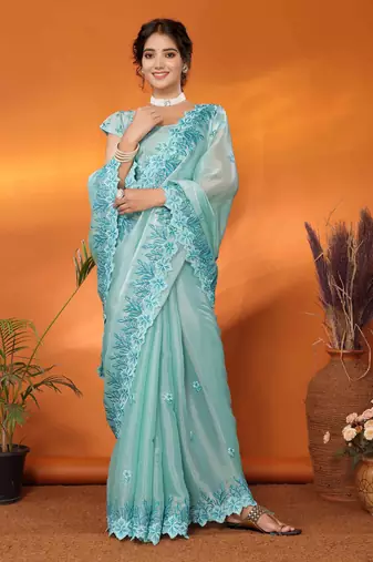 sky blue organza silk blend embroidered work saree with unstitched blouse piece
