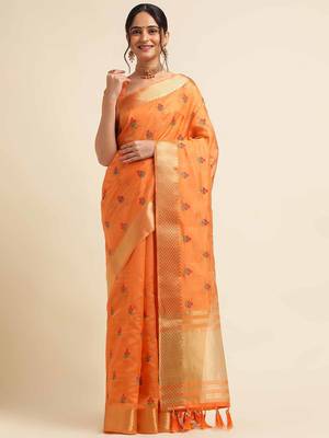 orange cotton silk blend embroidered work saree with unstitched blouse piece 1