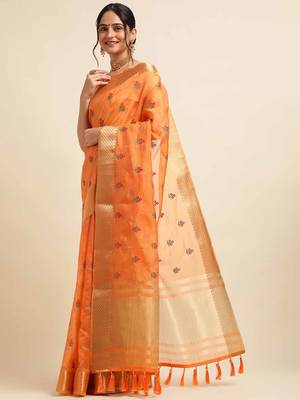 orange cotton silk blend embroidered work saree with unstitched blouse piece 2