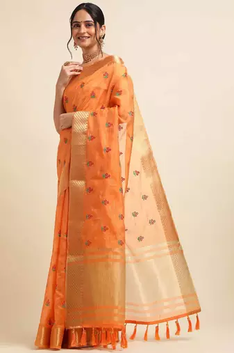 orange cotton silk blend embroidered work saree with unstitched blouse piece