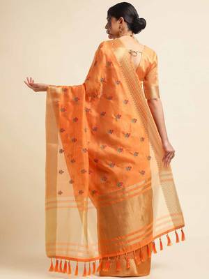 orange cotton silk blend embroidered work saree with unstitched blouse piece 3
