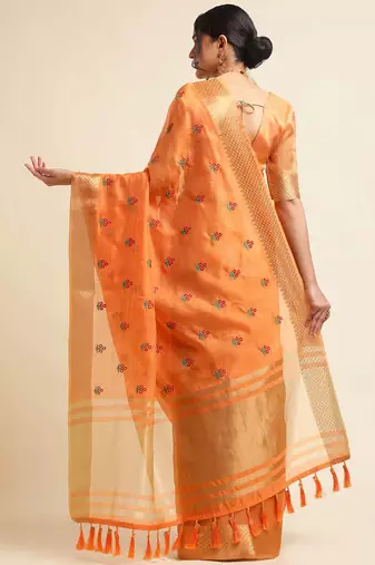 orange cotton silk blend embroidered work saree with unstitched blouse piece