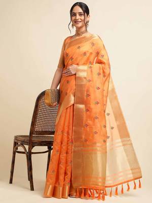 orange cotton silk blend embroidered work saree with unstitched blouse piece 4