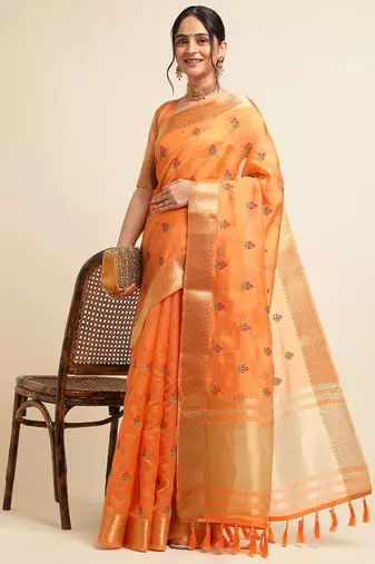 orange cotton silk blend embroidered work saree with unstitched blouse piece