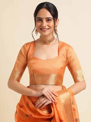 orange cotton silk blend embroidered work saree with unstitched blouse piece 5