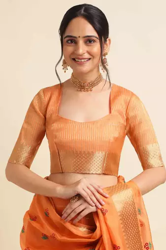 orange cotton silk blend embroidered work saree with unstitched blouse piece
