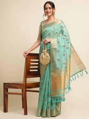 rama cotton silk blend embroidered work saree with unstitched blouse piece 1