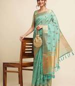 rama cotton silk blend embroidered work saree with unstitched blouse piece