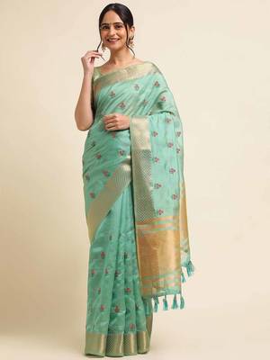 rama cotton silk blend embroidered work saree with unstitched blouse piece 2