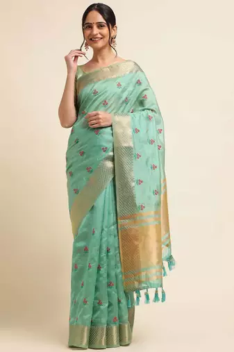 rama cotton silk blend embroidered work saree with unstitched blouse piece