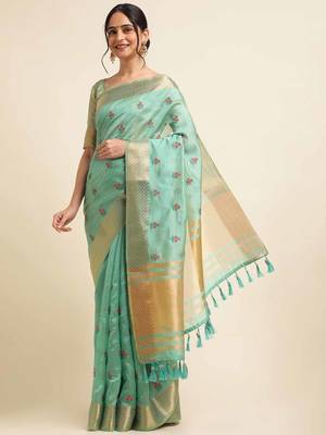 rama cotton silk blend embroidered work saree with unstitched blouse piece 3