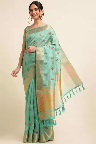 rama cotton silk blend embroidered work saree with unstitched blouse piece