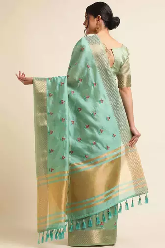 rama cotton silk blend embroidered work saree with unstitched blouse piece