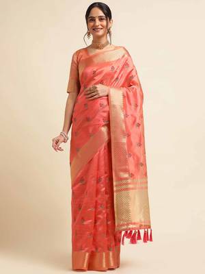 red cotton silk blend embroidered work saree with unstitched blouse piece 1