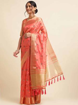 red cotton silk blend embroidered work saree with unstitched blouse piece 2