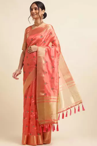 red cotton silk blend embroidered work saree with unstitched blouse piece