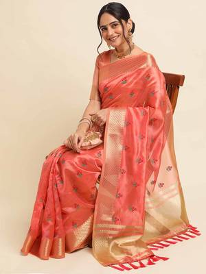 red cotton silk blend embroidered work saree with unstitched blouse piece 3