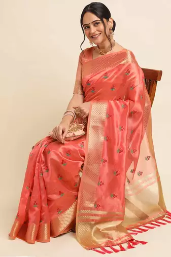 red cotton silk blend embroidered work saree with unstitched blouse piece