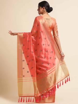 red cotton silk blend embroidered work saree with unstitched blouse piece 4
