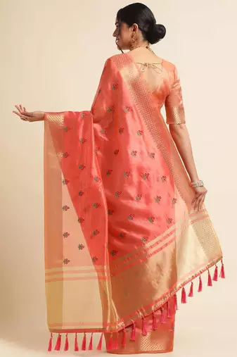 red cotton silk blend embroidered work saree with unstitched blouse piece