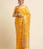 yellow cotton silk blend embroidered work saree with unstitched blouse piece