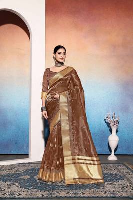 brown tissue cotton silk blend sequence zari work saree with unstitched blouse piece 1