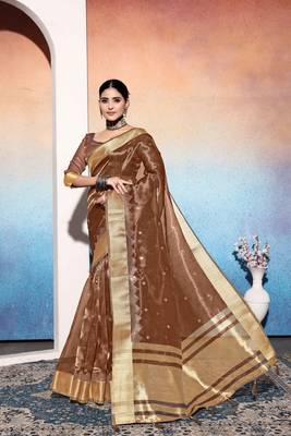 brown tissue cotton silk blend sequence zari work saree with unstitched blouse piece 2