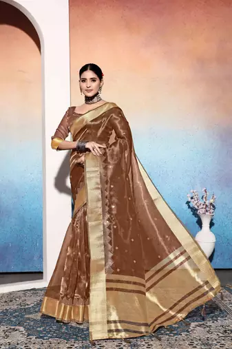 brown tissue cotton silk blend sequence zari work saree with unstitched blouse piece