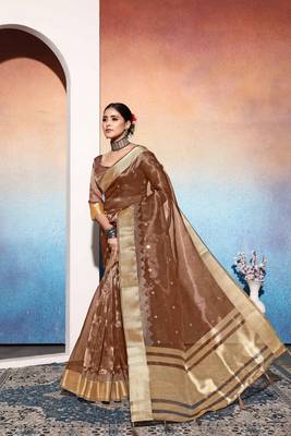 brown tissue cotton silk blend sequence zari work saree with unstitched blouse piece 3