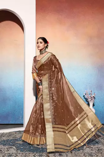 brown tissue cotton silk blend sequence zari work saree with unstitched blouse piece