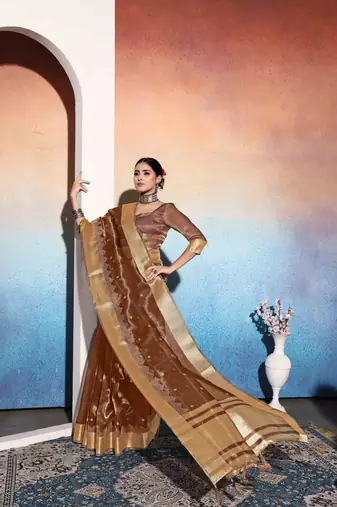 brown tissue cotton silk blend sequence zari work saree with unstitched blouse piece