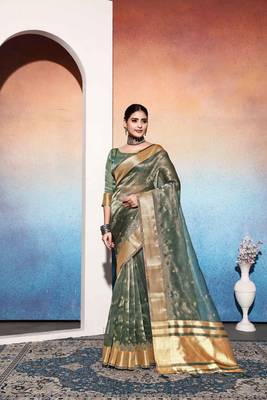 mehndi tissue cotton silk blend sequence zari work saree with unstitched blouse piece 1