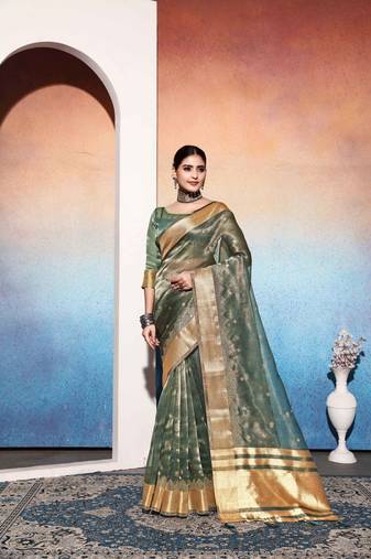 mehndi tissue cotton silk blend sequence zari work saree with unstitched blouse piece