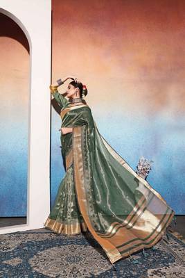 mehndi tissue cotton silk blend sequence zari work saree with unstitched blouse piece 2