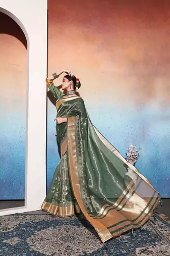 mehndi tissue cotton silk blend sequence zari work saree with unstitched blouse piece