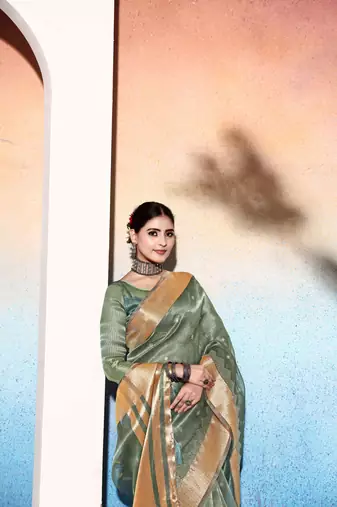 mehndi tissue cotton silk blend sequence zari work saree with unstitched blouse piece