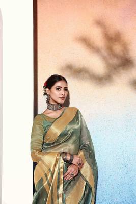 mehndi tissue cotton silk blend sequence zari work saree with unstitched blouse piece 4