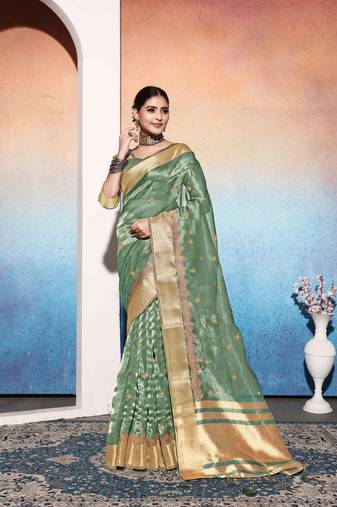 mint tissue cotton silk blend sequence zari work saree with unstitched blouse piece