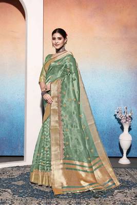mint tissue cotton silk blend sequence zari work saree with unstitched blouse piece 2