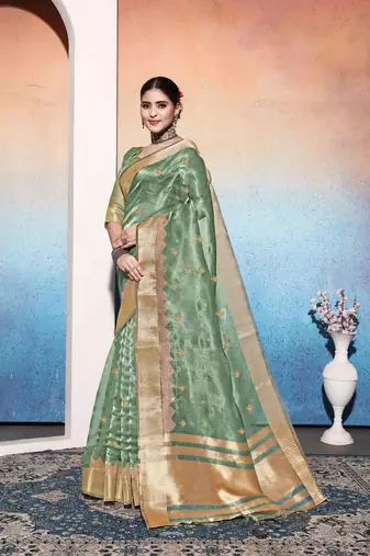 mint tissue cotton silk blend sequence zari work saree with unstitched blouse piece