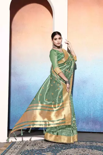 mint tissue cotton silk blend sequence zari work saree with unstitched blouse piece