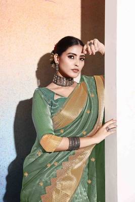 mint tissue cotton silk blend sequence zari work saree with unstitched blouse piece 4